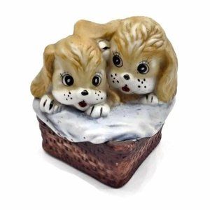 Puppies Figure In a Basket Ceramic Hand Painted Collectible Collection Vintage